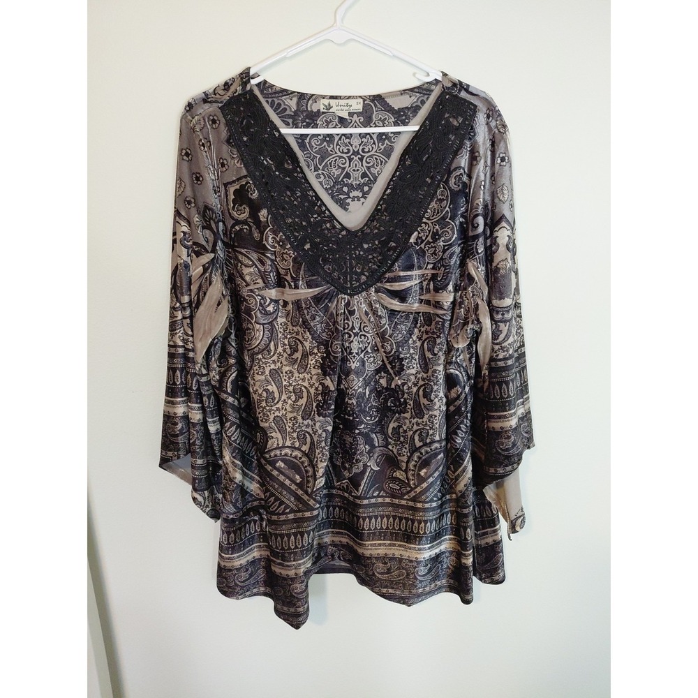 UNITY WORLD WEAR Crushed Velvet, Boho, Sublimation Print Tunic Top! Size 2x